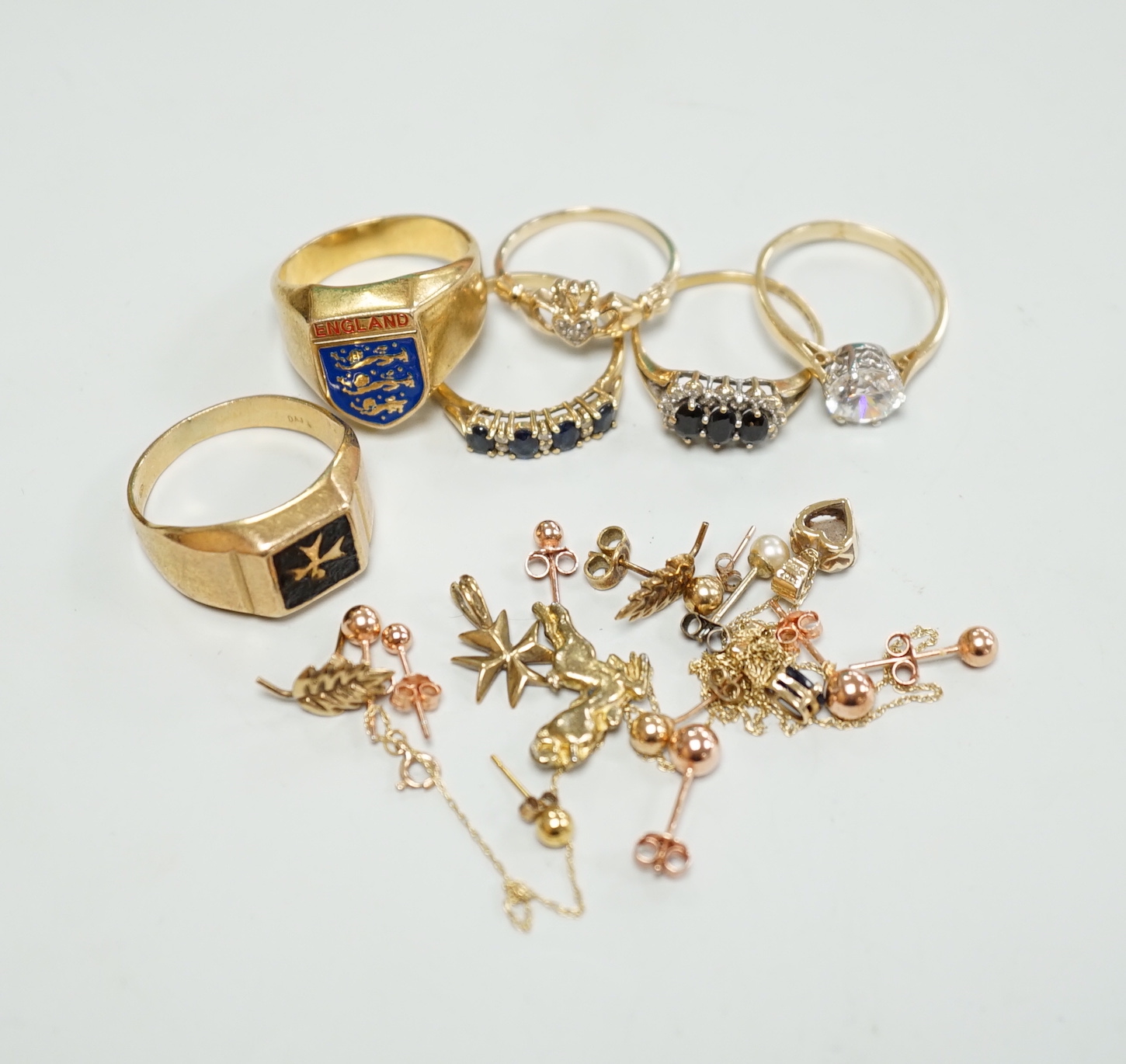 Five assorted 9ct gem set or 375 rings, gross weight 20.5 grams, a 585 and cubic zirconia ring and pendant, gross weight 4.3 grams, together with a 10k and gem set pendant on a 10k chain and assorted ear studs including